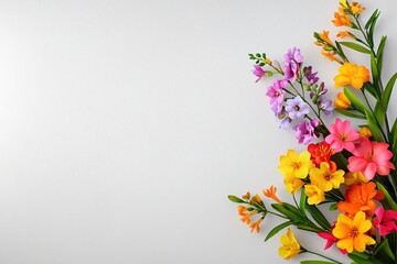 Obraz premium Colorful Arrangement of Fresh Flowers on White Background for Spring and Summer Decor