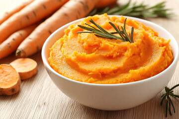 Carrot puree in bowl on kitchen table. Generated AI
