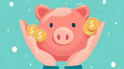 Hands Holding a Smiling Piggy Bank with Falling Coins Signifying Financial Savings and Wealth Accumulation