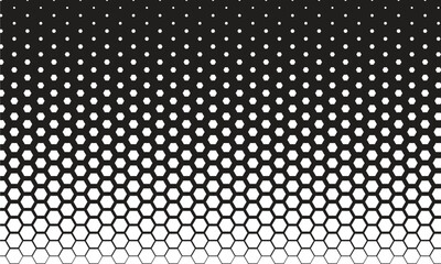 Black and White Pattern: Hexagon Gradient Background. It's composed of a gradient of black hexagonal shapes fading into white, creating a visual depth and texture. 