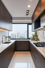 A modern, narrow kitchen with dark wood cabinets, white countertops, and a large window overlooking a city skyline. Represents kitchen design, interior design, modern living, and urban apartment.