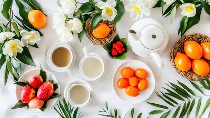 Fresh Fruit and Floral Arrangement with Teapot and Cups on Light Background
