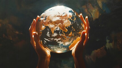 25. Hands holding the globe gently with sunlight streaming through, highlighting the beauty of the...