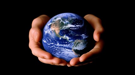 19. Hands cupping the Earth with a gentle reflection of sunlight on the oceanic parts of the globe