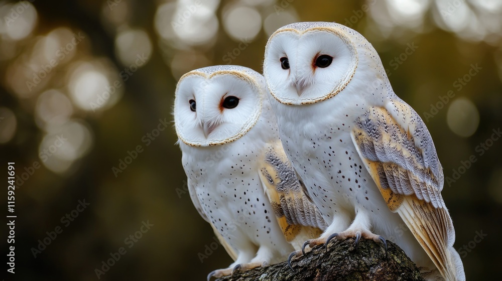 Poster two white owls resting on a tree branch in a natural setting