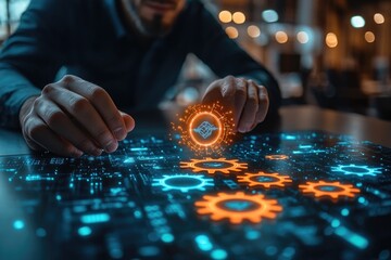 A person tinkering with a computer featuring glowing gears, useful for tech-related and futuristic concept illustrations