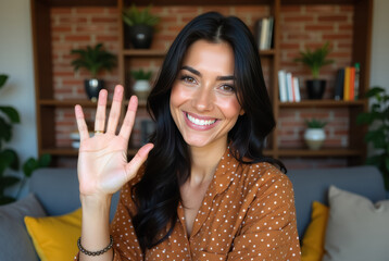 Attractive woman waves at the camera in a warmly lit, cozy setting.