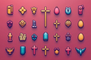 Collection of Christian icons on a bright red background
