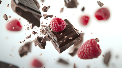 photo of floating pieces of chocolate and raspberries , white background
