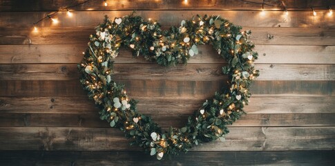 A garland of greenery shaped like a heart, illuminated by warm lights, on a wooden background.