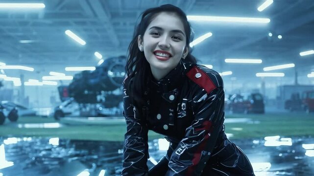 Cinematic anamorphic 4K render of futuristic sports facility. Figure in athletic gear amid holographic displays and neon lighting, capturing dynamic indoor environment with high tech ambiance
