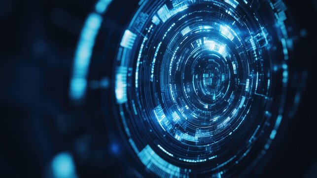 A close-up shot of a blue and black circular object in a dark room