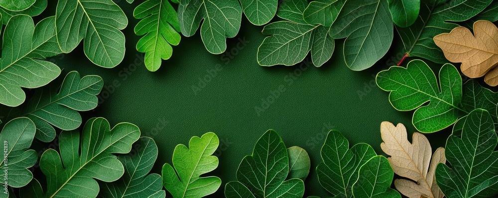 Poster oak leaves abstract background idea. a vibrant array of green leaves creating a natural frame on a d