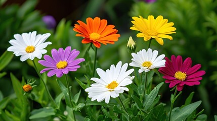 Fototapeta premium Vibrant Colorful Flowers in Bloom with Green Foliage in a Lush Garden Setting