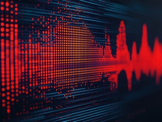 Abstract Digital Visualization of Sound Waves with Vibrant Red Dots Representing Audio Frequency Patterns and Voice Processing Elements on a Dark Background