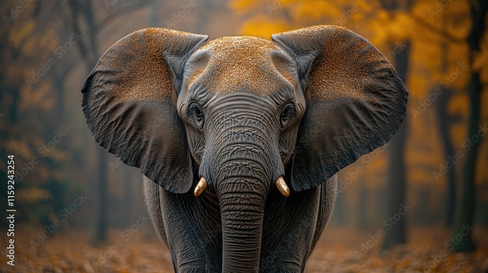 Poster a lone elephant walks through a dense forest with tall trees in the background