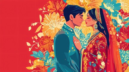 Fototapeta premium Romantic Couple Embracing Amidst Colorful Floral Background in Traditional Attire