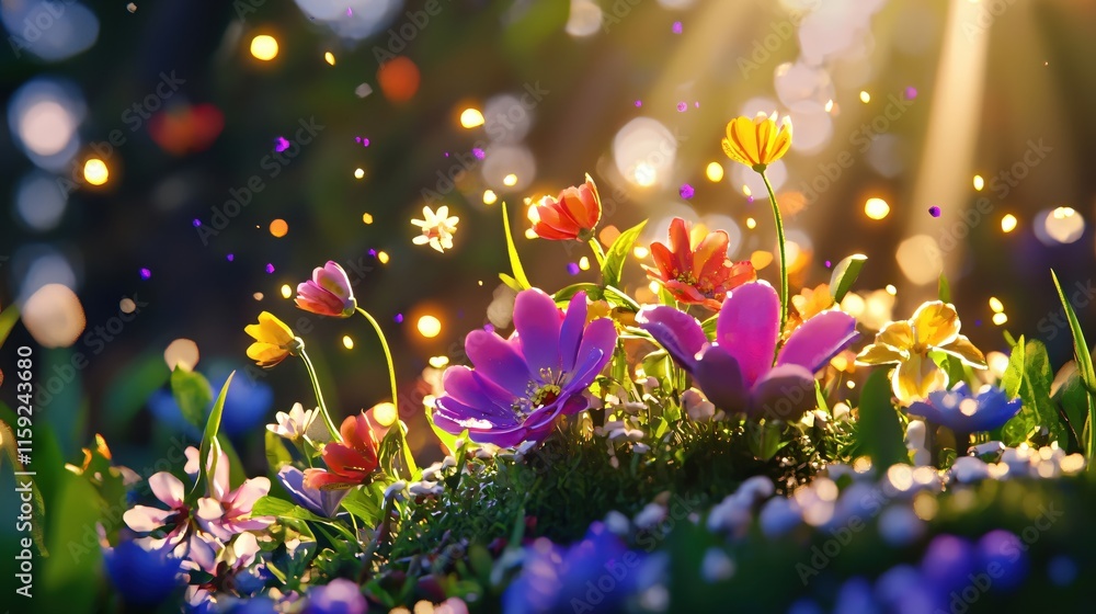 Poster vibrant spring flowers blossoming under soft sunlight with sparkling bokeh effect