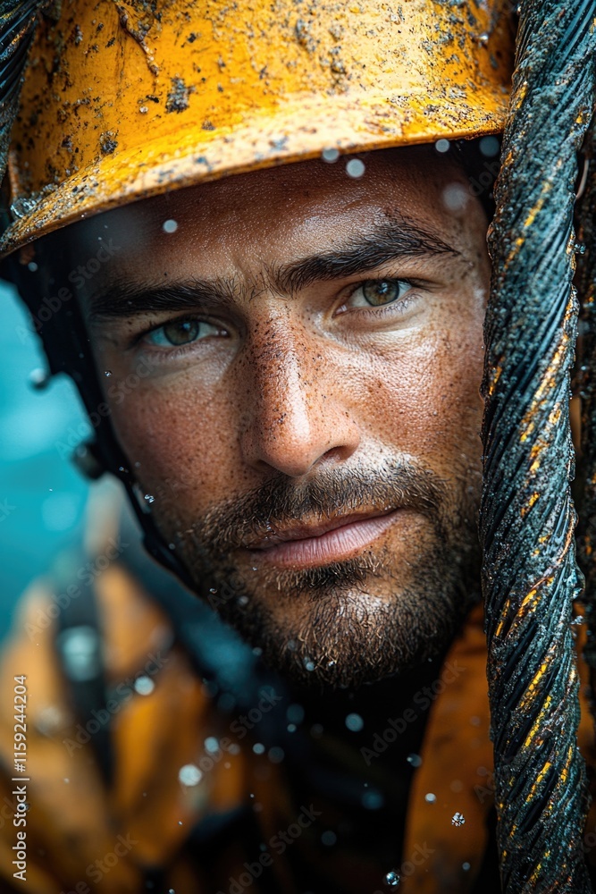 Poster close-up shot of a person wearing a helmet, suitable for use in various contexts such as action scen