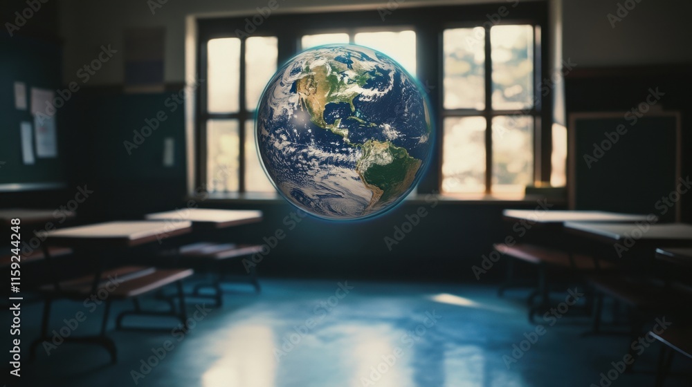 Poster floating earth model in empty classroom with natural light source