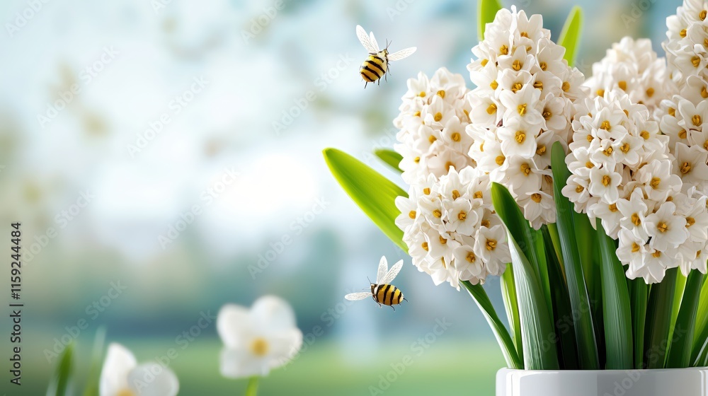 Poster beautiful lush white flowers in a bright pot with bees hovering in a soft background