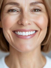 Fototapeta premium Bright and Joyful Woman with Soft Wrinkles and a Warm Smile, Captured in High Resolution, Emphasizing Natural Beauty and Vibrant Expression in Soft Lighting