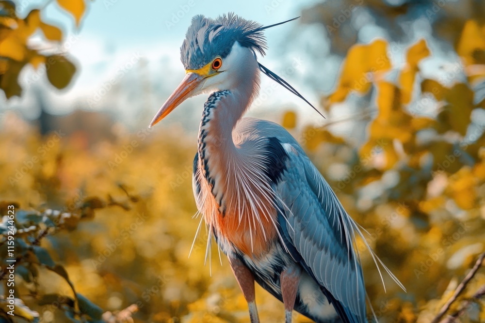 Poster a bird perched on a branch, featuring a distinctive long beak