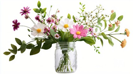 Fototapeta premium Bright Floral Arrangement in Mason Jar with Diverse Colorful Flowers and Greenery