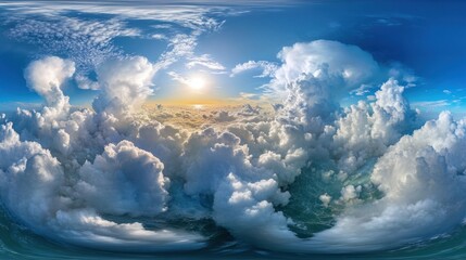 Naklejka premium Expansive Cloudscape at Sunset Over the Ocean in 360-Degree View