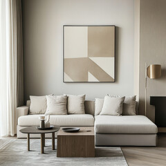 Neutral toned living room featuring low profile sofa, minimalist decor, and modern art. serene...