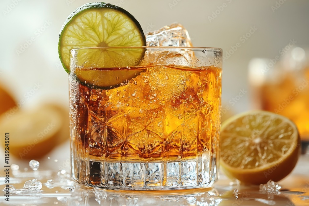 Poster a close-up shot of a drink with a slice of lime, perfect for use in food or beverage advertisements
