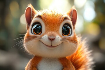 A detailed view of a plush squirrel toy with large, expressive eyes