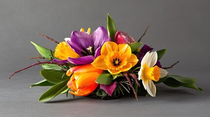 Colorful Floral Arrangement with Tulips, Daffodils, and Lilies on a Gray Background