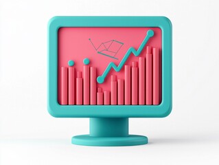 3D Icon of a Screen Displaying a Colored Graph with Rising Trend and Bar Chart Representing Data Analysis and Performance Ranking