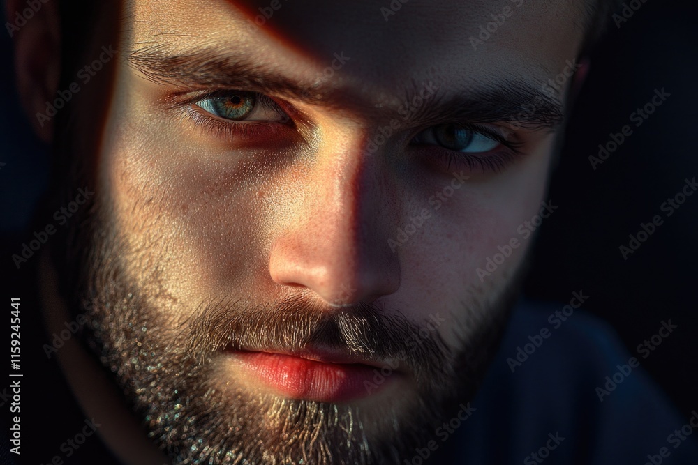 Poster close-up of a man with a beard, perfect for portraits or editorial use