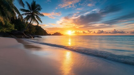 Vibrant sunset over the tropical anse lazio beach on praslin island, seychelles, with golden sky reflections and serene ocean waves