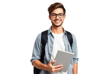 Young handsome male student with backpack and holding a book, wearing eyeglasses, isolated transparent background