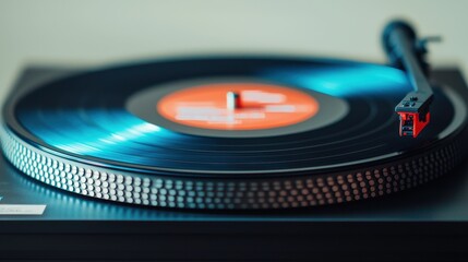 Close-up of a spinning vinyl record on a turntable with a vibrant blue shine, showcasing the rich textures and details of the analog music experience