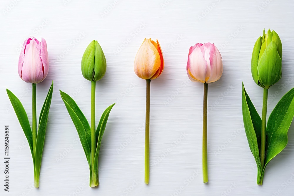 Poster fresh tulips in various colors displayed on a bright background for floral design