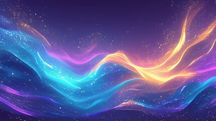 Obraz premium Abstract waves of vibrant colors with sparkling effects against a dark background.