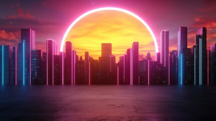 Fototapeta premium Vibrant Cityscape with Neon Highlights and a Striking Sunset Creating a Dreamy Atmosphere Surrounding Skyscrapers in a Futuristic Urban Landscape