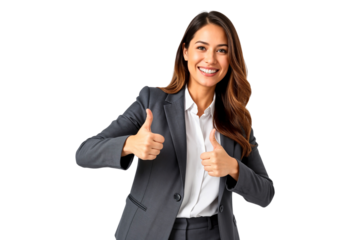 Happy businesswoman showing thumbs up, smiling nicely, isolated on transparent background