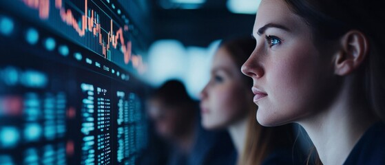 Analyzing Financial Data with Charts and Graphs on a Team's Screen Featuring a Profile of a Female Analyst in a Modern Office Environment