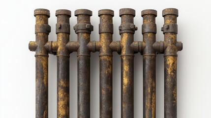 A row of rusty industrial piping, pipe with fittings against a plain background.