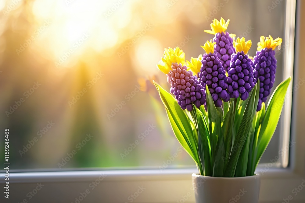 Poster vibrant spring flowers in a sunlit window with soft background light