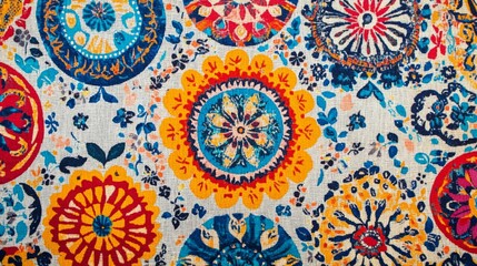 Colorful ethnic print fabric showcasing intricate floral patterns. Generative AI