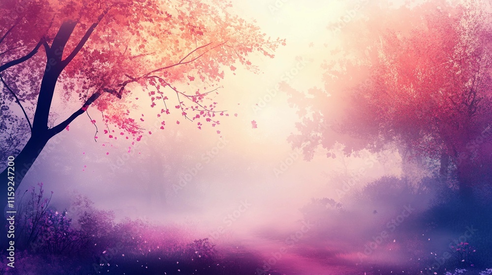 Aufkleber foggy landscape with colorful trees creating a serene atmosphere. generative ai