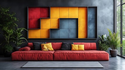 Modern living room with red sofa, geometric wall art, and plants.