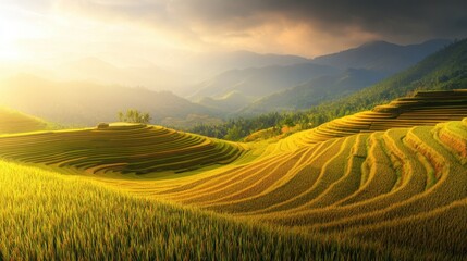 Obraz premium Serene Landscape of Lush Rice Terraces in Golden Sunset Light