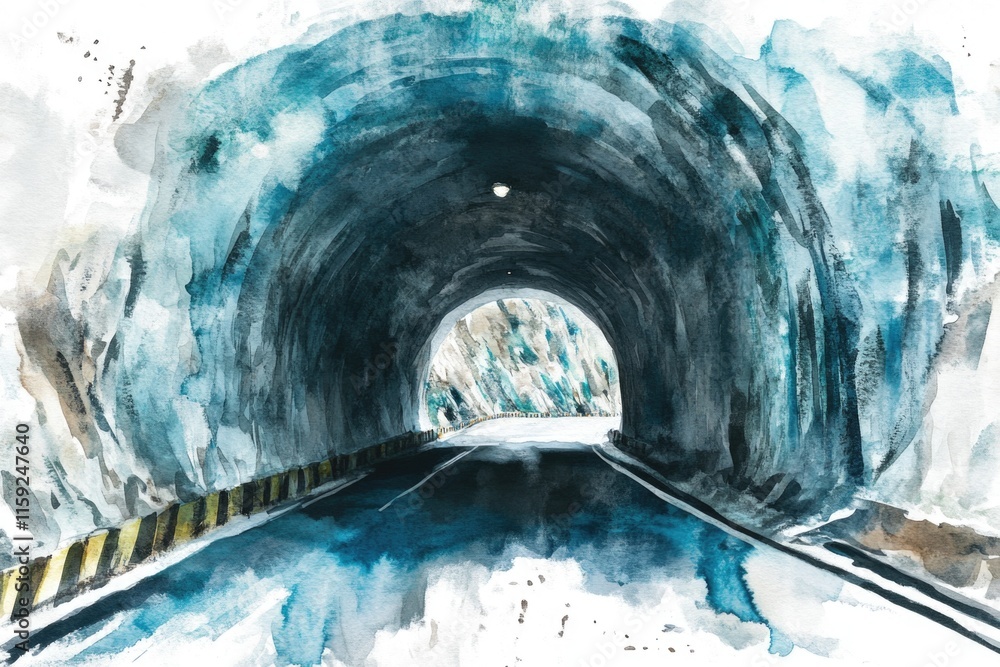Poster A painted representation of a tunnel with a road running through it